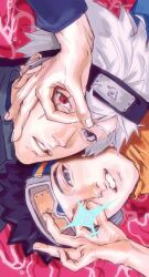  2boys black_hair black_headband ceviqdytmz59751 commentary_request goggles goggles_on_head grey_eyes grey_hair hair_between_eyes hatake_kakashi headband heterochromia highres konohagakure_symbol looking_at_viewer male_focus multiple_boys naruto_(series) naruto_shippuuden parted_lips red_eyes scar scar_across_eye scar_on_face short_hair spiky_hair uchiha_obito upper_body 