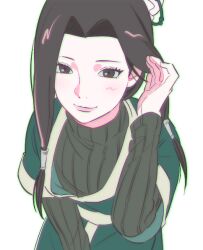  1boy black_eyes black_hair black_sweater closed_mouth green_robe hair_tubes haku_(naruto) hand_in_own_hair leaning_forward light_blush light_smile looking_at_viewer male_focus naruto_(classic) naruto_(series) parted_bangs ribbed_sweater robe saynyanyanya sidelocks solo sweater trap upper_body white_background 