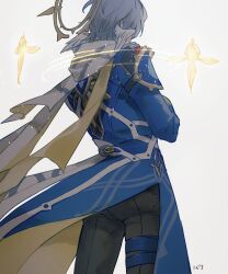  1boy armor black_pants blue_jacket book cowboy_shot feathered_wings floating_clothes from_behind grey_hair halo halo_behind_head halo_downfall head_wings highres holding holding_book honkai:_star_rail honkai_(series) jacket long_sleeves male_focus pants paper_doll piercing scarf short_hair shoulder_armor simple_background solo standing sunday_(honkai:_star_rail) thigh_strap two-sided_fabric two-sided_jacket white_background white_scarf wing_piercing wings yellow_jacket 