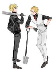  2boys are_yoyou axis_powers_hetalia baseball_bat belt black_belt black_choker black_gloves black_jacket black_shirt black_shoes blonde_hair chain choker closed_mouth collared_shirt commentary_request facial_hair formal_clothes france_(hetalia) from_side full_body gloves green_eyes grey_pants half-closed_eyes hand_on_own_hip hand_up highres holding holding_baseball_bat holding_shovel jacket leather leather_jacket long_sleeves looking_at_viewer male_focus multiple_boys necktie official_alternate_costume official_alternate_hairstyle open_clothes open_jacket open_mouth pants red_necktie red_shirt shirt shoes short_hair shovel simple_background smile standing suit t-shirt teeth united_kingdom_(hetalia) vest violet_eyes white_background white_pants white_vest 
