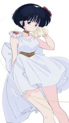  1girl absurdres black_hair closed_mouth collarbone commentary dot_mouth dress en_0410 gold_choker highres pale_skin ranma_1/2 short_hair solo tendou_akane white_background white_dress 