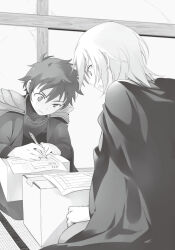  029 2boys blurry blurry_background box cardboard_box cloak closed_mouth greyscale hair_between_eyes half-closed_eye hands_on_own_knees hataraku_maou-sama! highres holding holding_pen indoors long_sleeves looking_down monochrome multiple_boys novel_illustration official_art open_mouth paper pen seiza shirt short_hair shoulder_pads sidelocks sitting third-party_source v-shaped_eyebrows writing 