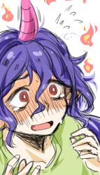  1girl :o close-up collarbone commentary_request double-parted_bangs fire flying_sweatdrops from_above green_shirt hair_between_eyes horns long_hair messy_hair nunnun_(shunka_shuutou) open_mouth pink_horns purple_hair raised_inner_eyebrows red_eyes shaded_face shirt simple_background single_horn sketch solo sweatdrop tearing_up tenkajin_chiyari touhou upper_body white_background worried 