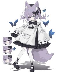  1girl animal_ear_fluff animal_ears beret black_bow black_hat black_shoes blue_butterfly bow bug butterfly closed_mouth dress expressionless fox_ears fox_girl fox_tail frilled_dress frills full_body hair_bow hair_ribbon hat highres kuro_yagi_(usosakana) long_sleeves looking_at_viewer mary_janes original pantyhose purple_hair ribbon shadow shoes simple_background sleeves_past_fingers sleeves_past_wrists standing standing_on_one_leg tail twintails violet_eyes white_background white_dress white_pantyhose 