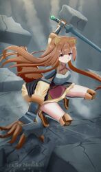  1girl absurdres animal_ear_fluff animal_ears arm_support arm_up armor armored_boots artist_name belt black_dress boots breastplate breasts brown_belt brown_boots brown_dress brown_gloves brown_hair closed_mouth commentary dress elbow_gloves expressionless gloves grey_armor grey_boots grey_gloves highres holding holding_sword holding_weapon katana knee_boots layered_dress long_hair long_sleeves looking_ahead medium_breasts metal_arm_cuffs metal_wrist_cuffs mosakai_art multicolored_boots multicolored_gloves neck_ribbon pauldrons raccoon_ears raccoon_girl raphtalia red_dress red_eyes red_ribbon ribbon rubble short_dress shoulder_armor single_pauldron sleeveless sleeveless_dress solo straight_hair sword tate_no_yuusha_no_nariagari two-tone_boots two-tone_dress two-tone_gloves untranslatable_commentary vassal_katana_(tate_no_yuusha_no_nariagari) watermark weapon white_dress 