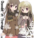  blonde_hair blush brown_hair french hair_ornament hairclip kagawa_tomonobu multiple_girls original purple_eyes sapporo_momoko scarf shared_scarf snowflakes 