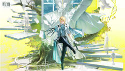  1boy absurdres black_pants blonde_hair character_name coat copyright_name crossed_legs full_body gloves hair_between_eyes hand_up highres logo long_hair looking_at_viewer luuk_herssen_(wuthering_waves) male_focus official_art pants paper red_eyes sitting solo statue white_coat white_gloves wide_shot wuthering_waves 