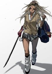  1girl absurdres bag_charm bangs_pinned_back black_hair blonde_hair charm_(object) commentary_request dark-skinned_female dark_skin gyaru highres katana lollipop_in_mouth long_eyelashes long_hair loose_socks ma0ma0_0 mole mole_under_eye multicolored_hair original saotome_anna school_uniform socks solo sword two-tone_hair weapon white_background 