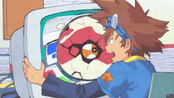  1boy anger_vein blue_headband blue_shirt book book_stack brown_hair commission computer diablomon digimon digimon_(creature) digimon_adventure digimon_adventure:_bokura_no_war_game eye_focus flying_sweatdrops frustrated goggles goggles_on_head headband highres indoors inkerton-kun layered_sleeves long_sleeves male_focus monitor open_mouth second-party_source shirt short_hair short_over_long_sleeves short_sleeves solo spiky_hair upper_body v-shaped_eyebrows yagami_taichi 