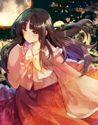  1girl black_background black_hair bow bowtie closed_mouth commentary_request commission expressionless floating_hair frilled_shirt_collar frills houraisan_kaguya long_hair long_sleeves looking_at_viewer mirimo moon pink_shirt red_eyes red_skirt shirt skeb_commission skirt solo touhou wide_sleeves yellow_bow yellow_bowtie 