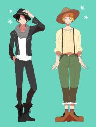  2boys black_boots black_hat black_jacket blonde_hair blue_background boots brown_shoes commentary_request freckles full_body green_pants hand_on_own_hip hat highres jacket looking_to_the_side male_focus multiple_boys nanana43a one_piece pants portgas_d._ace sabo_(one_piece) scar scar_on_face shoes short_hair smile socks star_(symbol) suspenders 