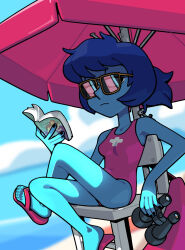  1girl alternate_costume binoculars blue_hair blue_skin book breasts chair closed_mouth colored_skin discount-supervillain gem_(steven_universe) highres holding holding_binoculars holding_book lapis_lazuli_(steven_universe) lifeguard lifeguard_chair one-piece_swimsuit ponytail short_hair sitting solo steven_universe sunglasses swimsuit umbrella 