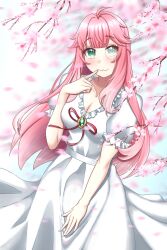1girl aivy_lovencraft alaplateada0 cherry_blossoms closed_mouth dress fanart green_eyes green_gem highres indie_virtual_youtuber long_hair looking_at_viewer monocle pink_hair smile solo spanish_commentary virtual_youtuber vtuber vtuberfanart white_dress
