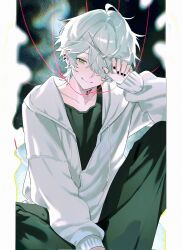  1boy black_nails black_pants closed_mouth commentary ear_piercing earrings hair_over_one_eye highres holding holding_scissors hood hood_down jacket jewelry long_sleeves male_focus mavros_15rs nail_polish one_eye_covered original pants piercing pillarboxed scissors sitting sleeves_past_wrists smile solo string white_hair white_jacket 