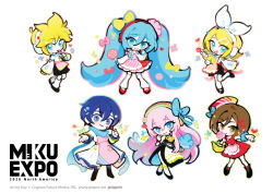  2boys 4girls :d apron aqua_eyes aqua_hair aqua_necktie arm_tattoo artist_name black_dress black_shoes blonde_hair blue_eyes blue_hair blue_scarf bow bow_hairband brown_eyes brown_hair candy chewing_gum chibi chibi_only closed_mouth coat commentary company_name copyright_name copyright_notice detached_sleeves dress food full_body hair_bow hair_ornament hairband hairclip hat hatsune_miku hatsune_miku_expo holding holding_candy holding_food holding_lollipop k_(sktchblg) kagamine_len kagamine_rin kaito_(vocaloid) leg_up lollipop megurine_luka meiko_(vocaloid) multiple_boys multiple_girls neckerchief necktie number_tattoo official_art parallel_hairclips pink_apron pink_bow pink_dress pink_hair red_bow red_hat red_shoes scarf second-party_source shoes smile tattoo twintails vocaloid waist_apron web_address white_background white_bow white_coat white_sleeves yellow_bow yellow_neckerchief yellow_necktie 