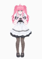 1girl aivy_lovencraft closed_mouth fanart green_eyes hashtag-only_commentary indie_virtual_youtuber long_hair maid pantyhose pink_hair pixel_art tbeirock thigh-highs twintails virtual_youtuber vtuber vtuberfanart