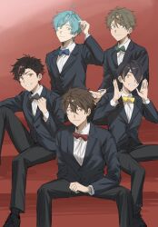  5boys ahoge arm_up black_bow black_bowtie black_hair black_jacket black_pants black_shoes black_socks blazer blonde_hair blue_bow blue_bowtie bow bowtie brown_eyes brown_hair buttons chinese_commentary clenched_hand clenched_teeth closed_mouth collared_shirt commentary_request ensemble_stars! green_bow green_bowtie green_eyes hair_between_eyes hair_over_one_eye hands_up highres jacket knee_up lapels layered_clothes long_bangs long_sleeves looking_at_viewer male_focus mango_(naihowda) morisawa_chiaki multicolored_hair multiple_boys nagumo_tetora notched_lapels one_eye_covered open_hands pants parted_bangs red_bow red_bowtie red_hair ryuseitai_(ensemble_stars!) sengoku_shinobu shinkai_kanata shirt shoes short_hair sitting smile socks streaked_hair takamine_midori teeth two-tone_hair white_shirt yellow_bow yellow_bowtie 