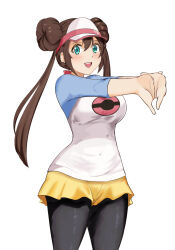  1girl :d beigu_(fhyv4575) black_pantyhose blue_eyes blue_sleeves blush breasts brown_hair commentary_request cowboy_shot double_bun hair_bun highres looking_at_viewer medium_breasts outstretched_arms own_hands_clasped own_hands_together pantyhose pantyhose_under_shorts poke_ball_print pokemon pokemon_bw2 raglan_sleeves rosa_(pokemon) shirt short_shorts shorts sidelocks smile standing stretching twintails visor_cap white_background white_shirt yellow_shorts 