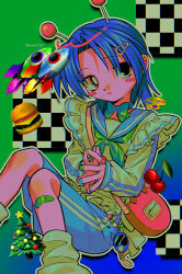  1girl absurdres bag bandaid bandaid_on_leg blue_bow blue_bowtie blue_nails blush_stickers bow bowtie bright_pupils commentary_request green_nails hair_ornament hairclip handbag heterochromia highres jersey_maid looking_at_viewer maid menma_(enaic31) multicolored_nails orange_eyes original parted_lips red_bag short_hair socks solo twitter_username unconventional_maid white_pupils white_socks yellow_nails 