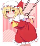  1girl arms_up ascot bangs blonde_hair blush breasts closed_mouth collar collared_shirt eyebrows_visible_through_hair flandre_scarlet frilled_collar frilled_shirt_collar frilled_skirt frills hair_between_eyes hands_up hat hat_ribbon heart looking_to_the_side medium_breasts mob_cap one_side_up pink_background pink_heart puffy_short_sleeves puffy_sleeves red_eyes red_ribbon red_skirt red_vest ribbon rizento shirt short_hair short_sleeves skirt solo standing star_(symbol) striped striped_background touhou vest white_background white_headwear white_shirt yellow_ascot 