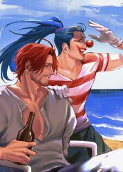  2boys absurdres amputee armless_amputee blue_hair bottle buggy_the_clown clouds clown_nose gloves grey_shirt hand_on_another's_shoulder hashtag-only_commentary highres holding holding_bottle makeup male_focus multiple_boys ocean one_piece ponytail red_hair red_shirt shanks_(one_piece) shirt sitting sky standing striped_clothes striped_shirt two-tone_shirt vamos_mk water white_gloves white_shirt 