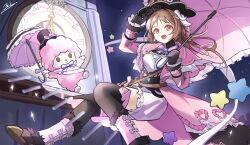  1girl :d absurdres animal_ears arknights black_boots black_gloves black_hat black_pantyhose boots braid clock clock_tower commentary creature dial eyjafjalla_(arknights) eyjafjalla_(fluffy_little_witch)_(arknights) flying frills fur-trimmed_boots fur_trim gloves hair_ornament hair_ribbon hand_on_headwear hat highres horns knee_boots long_sleeves looking_at_viewer night official_alternate_costume open_mouth outdoors pantyhose parasol pink_ribbon ribbon roman_numeral sanrio sheep_ears sheep_girl sheep_horns signature smile solo sparkle star_(sky) star_(symbol) tower umbrella untranslatable_commentary white_boots white_horns yagi000 