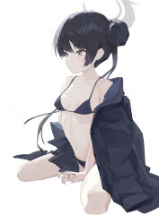  1girl absurdres belly black_bra black_hair blue_archive bra chinese_commentary commentary double_bun grey_halo hair_bun halo highres kisaki_(blue_archive) lirn looking_to_the_side original sitting underwear wariza white_background yellow_eyes 