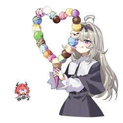  2girls :o :q antenna_hair arknights arknights:_endfield black_dress black_hairband bow_hairband commentary dated_commentary demon_horns dress grey_hair hairband heart highres holding holding_ice_cream_cone horns ice_cream_bar ice_cream_cone laevatain_(arknights) long_hair long_sleeves meitantei_precure! moria_luluka multiple_girls open_mouth precure red_hair simple_background surtr_(arknights) tongue tongue_out violet_eyes white_background yzj21333 