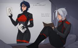  2girls android ariane_yeong black_boots black_jacket blue_eyes blue_hair book boots commentary corrupted_storch_(signalis) drawing_(object) elster_(signalis) english_commentary english_text highres holding holding_book holding_paper jacket knee_boots meowsequence multiple_girls paper raised_eyebrows short_hair signalis sitting skin_seams smile standing white_hair 