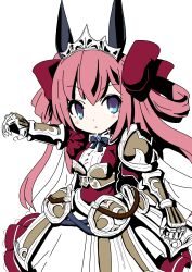  1girl absurdres armor armored_dress blue_eyes bow chest_guard commentary_request dress emil_chronicle_online frolyflow2 gauntlets hair_bow hair_rings highres long_hair pink_hair red_bow red_dress shoulder_armor shugoma_fehr solo tiara two-tone_dress white_background white_dress 