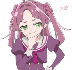 1girl :3 ahoge artist_name blunt_bangs blunt_ends buttons closed_mouth commentary double-breasted doyagao dress gold_buttons hair_intakes hair_ribbon half-closed_eyes hand_on_own_chin hand_on_own_hip highres juliet_sleeves kobayashi_mikuru light_blush long_hair long_sleeves looking_to_the_side meitantei_precure! neckerchief parted_bangs pink_neckerchief pink_ribbon precure puffy_sleeves purple_dress purple_hair purple_serafuku ribbon sailor_collar sailor_dress school_uniform serafuku sidelocks signature simple_background sleeve_cuffs smile smug solo stroking_own_chin sukaru0408 two_side_up upper_body v-shaped_eyebrows white_background white_sailor_collar