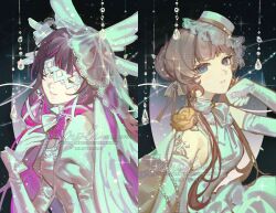  2girls absurdres arm_up black_hair blue_eyes blue_gem brown_hair closed_eyes columbina_(genshin_impact) commentary dress eye_mask flower gem genshin_impact hair_ornament hand_on_own_chin hat head_wings highres jewelry long_hair looking_at_viewer mask miothle multicolored_hair multiple_girls necklace pearl_necklace purple_hair purple_streaks ribbon sandrone_(genshin_impact) see-through_clothes see-through_veil short_hair_with_long_locks smile streaked_hair two-tone_hair untranslatable_commentary upper_body veil very_long_hair white_dress white_gem white_hat white_wings wings yellow_flower yellow_gem 