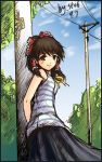  against_tree alternate_costume arms_behind_back bare_shoulders casual contemporary hair_tubes hakurei_reimu lowres power_lines sky smile solo st06 touhou tree 