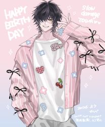  1boy black_hair bow brown_eyes commentary_request copyright_name cowboy_shot english_text flower_sticker grey_pants grin hair_over_one_eye hand_in_pocket happy_birthday highres holding izp3sx long_sleeves male_focus one_eye_covered open_clothes open_shirt pants pink_shirt pinstripe_pattern pinstripe_shirt shirt slow_damage smile solo sticker towa_(slow_damage) white_shirt 