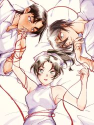  1girl 2boys bare_arms bare_shoulders bed_sheet breasts brown_hair collared_shirt commentary dress fukushiro_hijiri green_eyes grey_eyes hair_between_eyes hair_ribbon halter_dress halterneck hattori_heiji holding_hands interlocked_fingers light_blush long_hair love_triangle medium_breasts meitantei_conan multiple_boys parted_bangs parted_lips ponytail ribbon sayaendou0426 shirt short_hair string string_of_fate tan tooyama_kazuha untranslatable_commentary upper_body white_dress white_ribbon white_shirt 