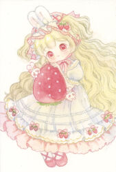  1girl absurdres animal_ears blonde_hair bonnet dress food fruit highres long_dress long_hair looking_at_viewer original painting_(medium) rabbit rabbit_ears rabbit_girl red_eyes solo strawberry tato_(kunikida-3) traditional_media two_side_up watercolor_(medium) wavy_hair white_dress 