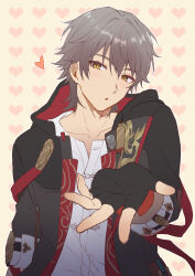  1boy absurdres black_gloves black_jacket blush caelus_(honkai:_star_rail) caelus_(vim_and_vigor)_(honkai:_star_rail) chinese_clothes collarbone commentary dragon_print fingerless_gloves fingernails gloves grey_hair hair_between_eyes hand_up heart heart_background highres honkai:_star_rail honkai_(series) hood hooded_jacket jacket lapels long_sleeves looking_at_viewer male_focus official_alternate_costume open_clothes open_jacket open_mouth puffy_long_sleeves puffy_sleeves red_jacket rune_(rne_at) shirt short_hair solo tangzhuang tassel trailblazer_(honkai:_star_rail) two-sided_fabric two-sided_jacket untranslatable_commentary upper_body white_shirt yellow_background yellow_eyes 
