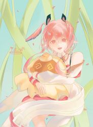  1girl bare_shoulders commentary crossed_bangs detached_sleeves dress feet_out_of_frame genshin_impact hair_between_eyes hair_ornament head_wings heart heart-shaped_pupils highres ibispaint_(medium) linnea_(genshin_impact) long_hair long_sleeves making-of_available neronezz open_mouth pink_eyes pink_hair pointy_ears red_dress smile solo symbol-shaped_pupils white_sleeves wings 