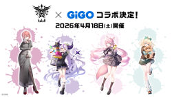  4girls absurdly_long_hair animal_ears aqua_eyes bag black_boots black_dress black_pantyhose blonde_hair boots brown_socks closed_mouth commentary_request demon_girl demon_horns demon_tail dress floating_hair food full_body gigo green_skirt grey_socks hair_between_eyes hakui_koyori hand_up high_heels highres holding holding_food hololive horns kazama_iroha kneehighs la+_darknesss loafers long_hair long_sleeves looking_at_viewer loose_socks multicolored_hair multiple_girls official_art one_eye_closed open_mouth pantyhose pink_hair pointy_ears purple_hair red_shoes riichu second-party_source shoes short_hair shoulder_bag skirt smile socks standing standing_on_one_leg streaked_hair tail takane_lui very_long_hair violet_eyes white_socks wolf_ears wolf_girl wolf_tail yellow_eyes 