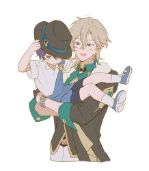  2boys absurdres aged_down arm_around_neck aventurine_(honkai:_star_rail) azsxstar belt_collar black_choker black_hat black_jacket blonde_hair blue_eyes blue_hair blue_shoes carrying carrying_person child choker closed_mouth collar collared_shirt cowboy_shot cropped_legs dr._ratio_(honkai:_star_rail) fur_trim hair_between_eyes hat highres honkai:_star_rail honkai_(series) jacket long_sleeves looking_at_another looking_to_the_side male_focus multiple_boys open_clothes open_mouth open_shirt red_eyes shirt shoes simple_background sleeve_cuffs smile socks white_background white_fur white_shirt wing_collar 