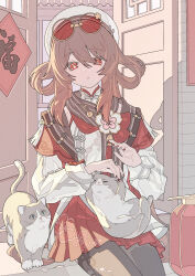 1girl absurdres animal_on_lap architecture brown_hair brown_nails brown_scarf cat commentary_request east_asian_architecture eyewear_on_head flower-shaped_pupils genshin_impact hair_between_eyes hair_rings hat highres hu_tao_(cherries_snow-laden)_(genshin_impact) hu_tao_(genshin_impact) long_hair long_sleeves looking_at_viewer nail_polish official_alternate_costume on_lap pantyhose parted_lips petting red-tinted_eyewear red_skirt round_eyewear ruogong_qingyue scarf shirt sitting skirt solo sunglasses symbol-shaped_pupils tinted_eyewear very_long_hair white_hat white_shirt yellow-framed_eyewear 