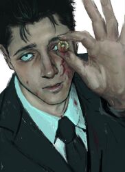 1boy absurdres black_hair black_jacket black_necktie black_suit blood blood_on_face collared_shirt commentary highres higuruma_hiromi holding jacket jujutsu_kaisen k05062688 lips looking_at_viewer male_focus necktie nose parted_lips realistic shirt short_hair simple_background solo suit teeth untranslatable_commentary white_background white_shirt 