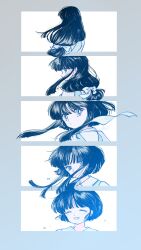  ^_^ absurdres black_hair blue_eyes blue_hair closed_eyes closed_mouth commentary dot_mouth en_0410 highres long_hair looking_back open_mouth ranma_1/2 short_hair smile tearing_up tendou_akane turning_around 