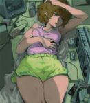  boombox brown_hair can headphones legs lying oldschool product_placement short_hair shorts tank_top television thighs tomioka_jirou 