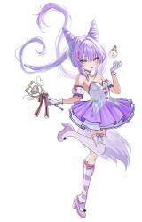  1girl :d absurdres ankle_bow asymmetrical_legwear bare_shoulders blue_eyes bow bow_legwear breasts cone_hair_bun detached_collar detached_sleeves double_bun dress fang floating_hair footwear_bow frilled_gloves frills full_body garter_straps gloves hair_between_eyes hair_bun hair_intakes hair_ornament hairclip hand_up hashtag-only_commentary heart heterochromia high_heels highres holding holding_wand kneehighs layered_dress layered_skirt leg_up long_hair looking_at_viewer magical_girl mismatched_legwear open_mouth pink_bow pleated_dress pleated_skirt puffy_detached_sleeves puffy_short_sleeves puffy_sleeves purple_hair purple_shoes purple_skirt purple_socks shoes short_sleeves sidelocks simple_background single_kneehigh single_sock single_thighhigh skirt smile socks solo standing standing_on_one_leg stellive strapless strapless_dress striped_clothes striped_socks striped_thighhighs tachi-e tail tenko_shibuki thigh-highs transparent_background twintails very_long_hair wand white_background white_gloves white_thighhighs yamu_(yamu_030) yellow_eyes 