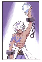  1boy 2019 abs arm_tattoo arm_up chest_tattoo closed_eyes clothes_around_waist commentary commission cuffs dark-skinned_male dark_skin english_commentary enkidu_(under_night_in-birth) evolution_championship_series highres holding holding_trophy inkerton-kun male_focus muscular muscular_male nipples pants pectorals purple_pants second-party_source shackles short_hair smile solo tattoo topless_male trophy under_night_in-birth upper_body v-shaped_eyebrows white_hair 