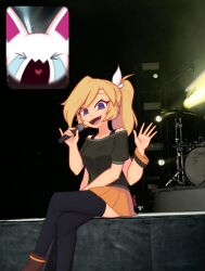  1girl arthropod_girl artist_name artist_self-insert black_thighhighs blonde_hair blue_eyes boots bra_strap brown_boots commentary drum drum_set english_commentary extra_arms fan_screaming_at_madison_beer_(meme) fangs green_shirt hair_ribbon highres holding holding_microphone instrument looking_at_viewer medium_hair meme microphone nelly_(xyronii) off-shoulder_shirt off_shoulder open_mouth orange_skirt original pleated_skirt ponytail ribbon shirt short_ponytail sitting skirt smile spider_girl t-shirt thigh-highs tongue white_ribbon xyronii 