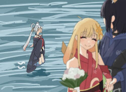  3girls ^_^ ahoge bare_shoulders black_choker black_hair blonde_hair blue_hoodie blurry blush bouquet cho_kaguya-hime! choker closed_eyes closed_mouth clothing_cutout colored_inner_hair commentary depth_of_field floating fushi_(cho_kaguya-hime!) hair_ornament holding holding_bouquet hood hood_down hoodie japanese_clothes kimono long_hair multicolored_hair multiple_girls open_mouth pink_hair red_kimono runami_yachiyo sakayori_iroha shoulder_cutout siusiuvan wading white_hair 