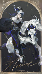  1boy absurdres aoseagrass armor barding black_boots black_cape black_gloves black_pants blue_hair boots border breastplate cape chinese_commentary commentary_request copyright_notice full_body gloves grey_background grin helmet highres holding holding_wand horse horseback_riding low_ponytail male_focus multiple_heads nijisanji official_art ornate_border pants ponytail riding smile solo stirrups_(riding) susam_(vtuber) virtual_youtuber virtuareal virtuareal_link wand yellow_eyes 