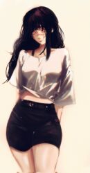  1girl black_hair black_shorts blush bra_strap breasts chainsaw_man chromatic_aberration commentary contrapposto corrupted_twitter_file cowboy_shot cross_scar highres light_frown long_hair medium_breasts midriff profilicnekro red_eyes ringed_eyes scar scar_on_cheek scar_on_face scar_on_nose shirt short_shorts shorts solo white_shirt wide_sleeves yoru_(chainsaw_man) 